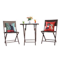 Goodgojo Rattan Patio Bistro Set 3 PCS Weather Resistant Outdoor Furniture Set Foldable Garden T ...