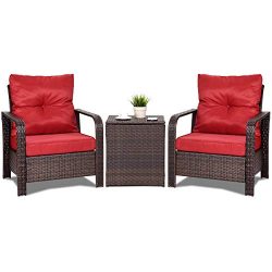 Tangkula Conversation Set, Outdoor Patio 3- Piece All Weather Proof Sturdy Wicker Chairs & C ...