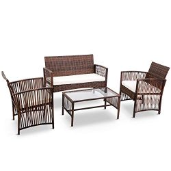 LZ LEISURE ZONE Patio Furniture Set 4 Pieces Outdoor Conversation Set with Wicker Sofa, Rattan C ...