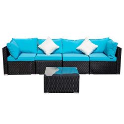 Outdoor Patio Furniture 5-Pieces PE Rattan Wicker Sectional Blue Cushioned Sofa Sets with 2 Pillows