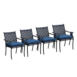 LOKATSE HOME 4 Piece Outdoor Patio Metal Wrought Iron Dining Chair Set with Arms and Seat Cushio ...