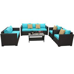 5-Piece Patio Wicker Furniture Set- Outdoor Conversation Cushioned Seat Couch Chair Sofa PE Ratt ...