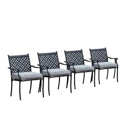 LOKATSE HOME 4 Piece Outdoor Patio Metal Wrought Iron Dining Chair Set with Arms and Seat Cushio ...