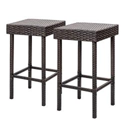 Flamaker Brown Wicker Barstool Outdoor Patio Furniture Bar Stools Set of 2 Height Bar Chairs Hig ...