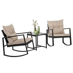Outdoor Patio Rocking Chair 3 PCS Bistro Set Garden Conversation Sets Wicker Rattan Furniture fo ...