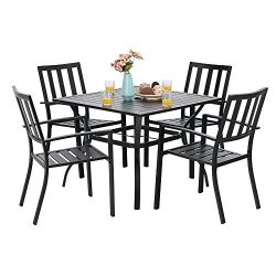 PHI VILLA 5 Piece Metal Outdoor Indoor 37″ Square Dining Table and Arm Chairs – Umbr ...