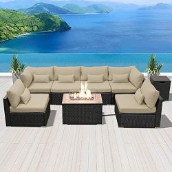 Modenzi Outdoor Sectional Patio Furniture with Propane Fire Pit Table Espresso Brown Wicker Resi ...