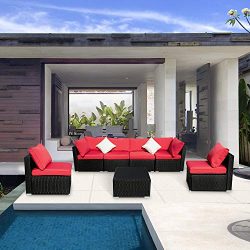 Leisurelife 7 Pcs Outdoor Patio Furniture Set Red, Sectional Sofa with Cushion and Glass Coffee  ...