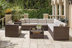 Solaura 7-Piece Outdoor Sectional Furniture Brown Wicker Conversation Sofa Set with Light Brown  ...