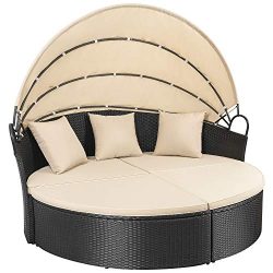 Homall Outdoor Patio Round Daybed with Retractable Canopy Wicker Furniture Sectional Seating wit ...