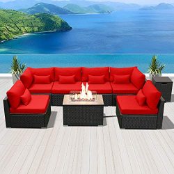 Modenzi Outdoor Sectional Patio Furniture with Propane Fire Pit Table Espresso Brown Wicker Resi ...