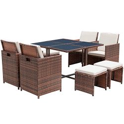 Flamaker 9 PCS Patio Set Cushioned PE Wicker Dining Set Sectional Conversation Set Rattan Outdoo ...