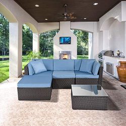 ECOLINEAR 5PCS Outdoor PE Wicker Rattan Sofa Patio Sectional Furniture Set w/Blue Seat & Bac ...