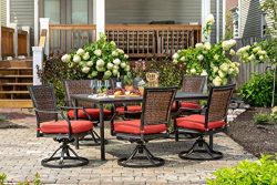 Hanover Mercer 7-Piece Outdoor Patio Dining Set with Red Cushions, Swivel Rockers and Rectangula ...