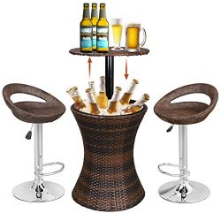 Super Deal 3in1 Outdoor Rattan Wicker Bar Table Included Cooler + 2 Hydraulic Pub Barstool All i ...