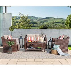 SUNSITT 4-Piece Patio Conversation Set All Weather Woven Brown Wicker Furniture Beige Cushions & ...