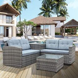 4 Pcs Patio Sofa Set Outdoor Wicker Rattan Furniture Conversation Set with Storage Cabinet and C ...