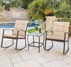 Solaura Outdoor Furniture 3-Piece Rocking Wicker Patio Bistro Set Brown Wicker with Beige Cushio ...