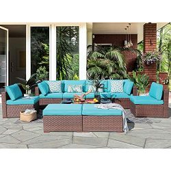 10 Piece Outdoor Furniture Sectional Sofa Set Rattan Wicker Patio Conversation Set with Seat and ...