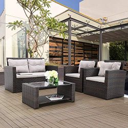 Haplife 4-Pieces Rattan Patio Furniture Set Outdoor Conversation Set Sectional Garden Sofa All W ...