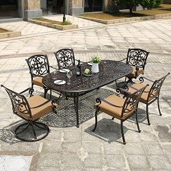 DOMI OUTDOOR LIVING Aluminum 7-Piece Patio Dining Set 84″ x 42″ Oval Table Garden Fu ...