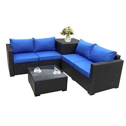 Outdoor PE Wicker Furniture Set 4 Piece Patio Black Rattan Sectional Loveseat Couch Set Conversa ...