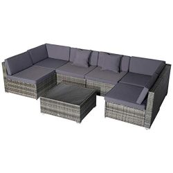 Outsunny 7 Piece Wicker Rattan Sofa Sectional Outdoor Patio Furniture Set – Grey