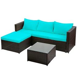 Merax 3-Piece Outdoor Patio Furniture Set Cushioned PE Rattan Sectional Garden Sofa – Blue ...