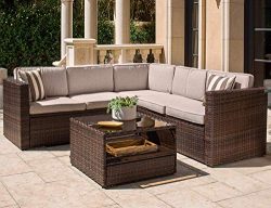 Solaura Outdoor 4-Piece Sofa Sectional Set All Weather Brown Wicker with Beige Waterproof Cushio ...