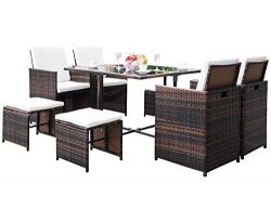 Civil 9 Piece Outdoor Patio Furniture Wicker Rattan Dining Table Set with Cushions for Garden La ...