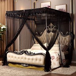 Princess 4 Corners Post Bed Curtain Canopy Netting (Queen, Black)