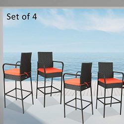 JETIME Patio Bar Stool 4Pcs Rattan Furniture Outdoor Wicker Bar Set Black Bar Stool-B with Orange