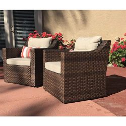 SUNSITT Patio Outdoor Furniture 2-Piece Brown Wicker Single Club Chairs w/Beige Olefin Cushions  ...