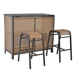LCH 3 pcs Rattan Bar Set, 1 Table 2 Bar Stools, Outdoor Patio Furniture Set, Backyard, Porch, Ga ...