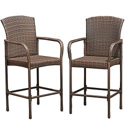 COSTWAY Rattan Wicker Bar Stool Outdoor Backyard Chair Patio Furniture with Armrest Set of 2