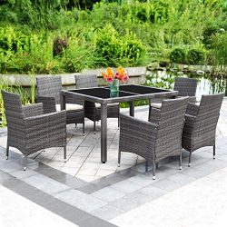 Solaste 7pcs Outdoor Furniture All-Weather Patio Porch Dining Table and Chairs Grey Wicker with  ...