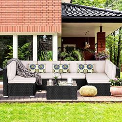 BANFANG 7 Pieces Patio PE Rattan Wicker Sofa Set Outdoor Sectional Furniture Conversation Chair  ...