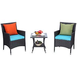 HTTH 3 Pieces Patio Porch Furniture Sets PE Rattan Wicker Chairs Washable Cushion with Tempered  ...