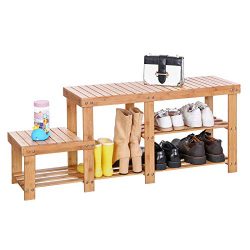 SONGMICS Bamboo Shoe Bench  Entryway Storage Rack with High and Low Levels for Adult and Child   ...