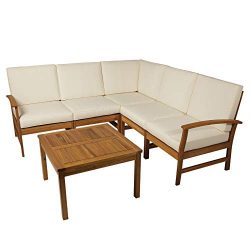 Outsunny 6 Piece Solid Acacia Wood L Shape Corner Sectional Sofa Furniture Set