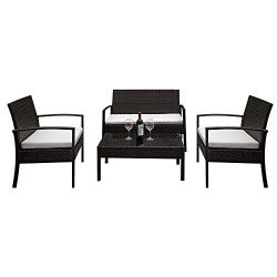 Lovinland Patio Furniture 4 Piece Rattan Outdoor Furniture Table Sofa Conversation Set with Cush ...