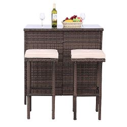 Polar Aurora 3PCS Outdoor Wicker Bar Set with Stools and Glass Top Table Patio Bar Furniture wit ...