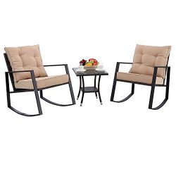 HTTH 3 Pieces Outdoor Rocking Chair Bistro Set Steel Furniture with Glass Coffee Table Thickened ...