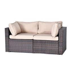 Gotland 2-Piece Outdoor PE Rattan Sectional Sofa- Patio Garden Wicker Furniture Set,Brown(2 Corn ...