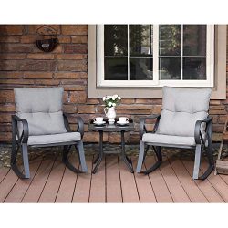 COSIEST 3-Piece Outdoor Patio Furniture Dark Gray Rocking Chairs Bistro Set w Warm Gray Cushions ...