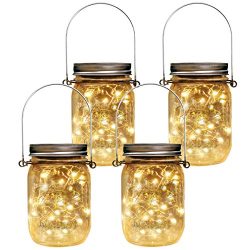 Homeleo 4 Pack Vintage Outdoor Solar Mason Jar Light Set(Lid Lights,Mason Jars,Hangers Included) ...