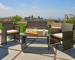 OUTROAD Outdoor Furniture 4 Piece Grey Wicker Patio Sofa Set – All Weather Cushioned Wicke ...