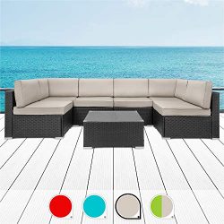 Walsunny 7pcs Patio Outdoor Furniture Sets,Low Back All-Weather Rattan Sectional Sofa with Tea T ...