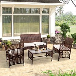 Merax 4-Piece Patio Furniture Set Outdoor Garden Lawn Pool Rattan Sofa Wicker Conversation Set C ...