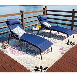 LOKATSE HOME 3 Pieces Outdoor Patio Chaise Lounge Chair Lounger Seating Furniture Set with Cushi ...